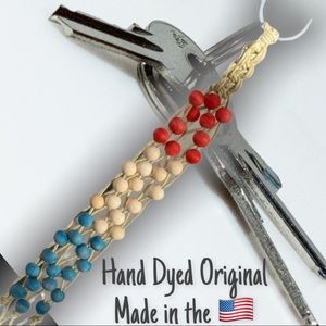 Patriotic Hand Crafted Dyed Wood Bead Key Chain Fob Purse Charm Mirror Macramé
